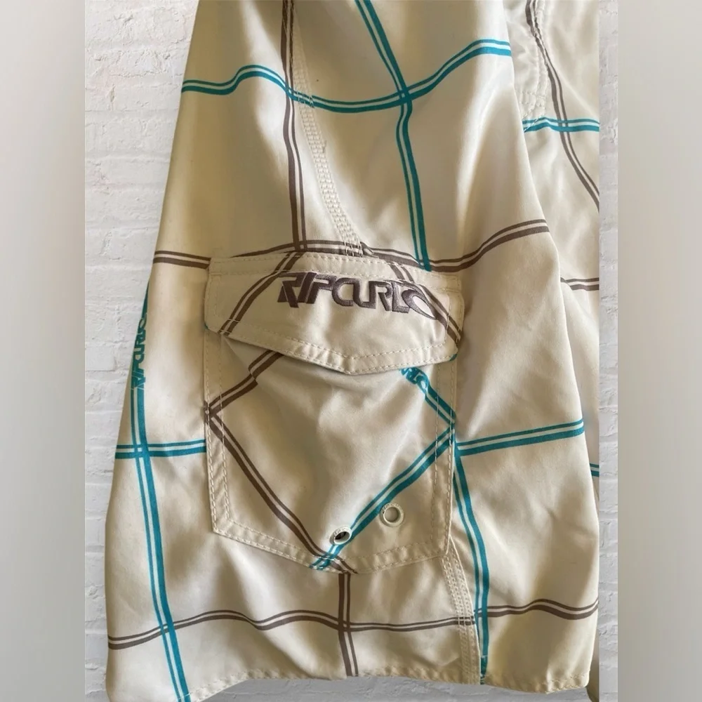 Rip Curl Men's Swim Boardshorts Size 33 White Blue Checker Pocket Lace-Up Close - Picture 4 of 6